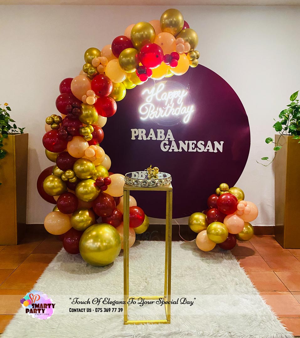 Maroon Gold Cream Balloons HBD Neon Ring Backdrop Name Cut