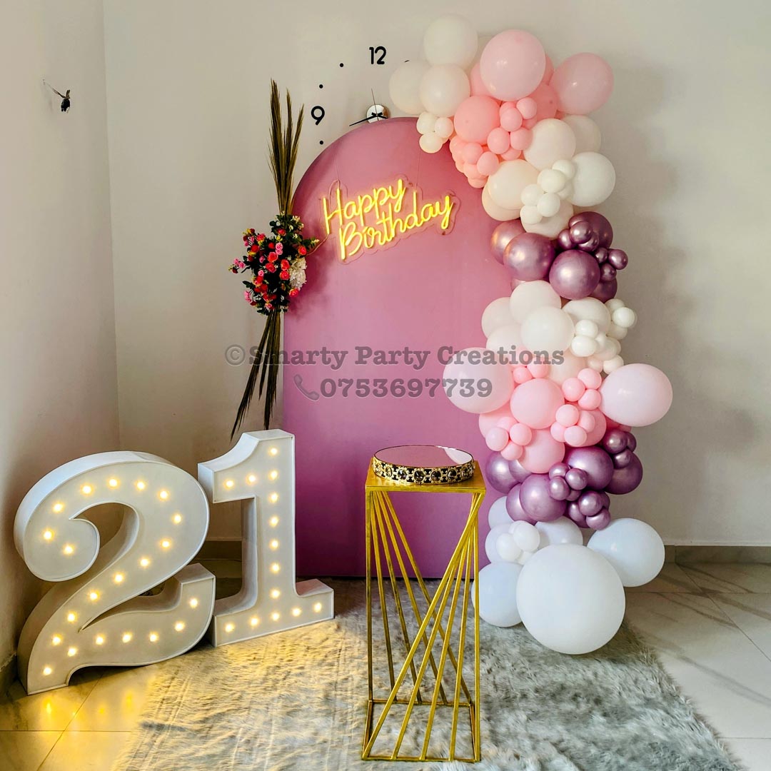 Rose Gold Pink White HBD Neon Metal Stand 21st Birthday Flower bunch