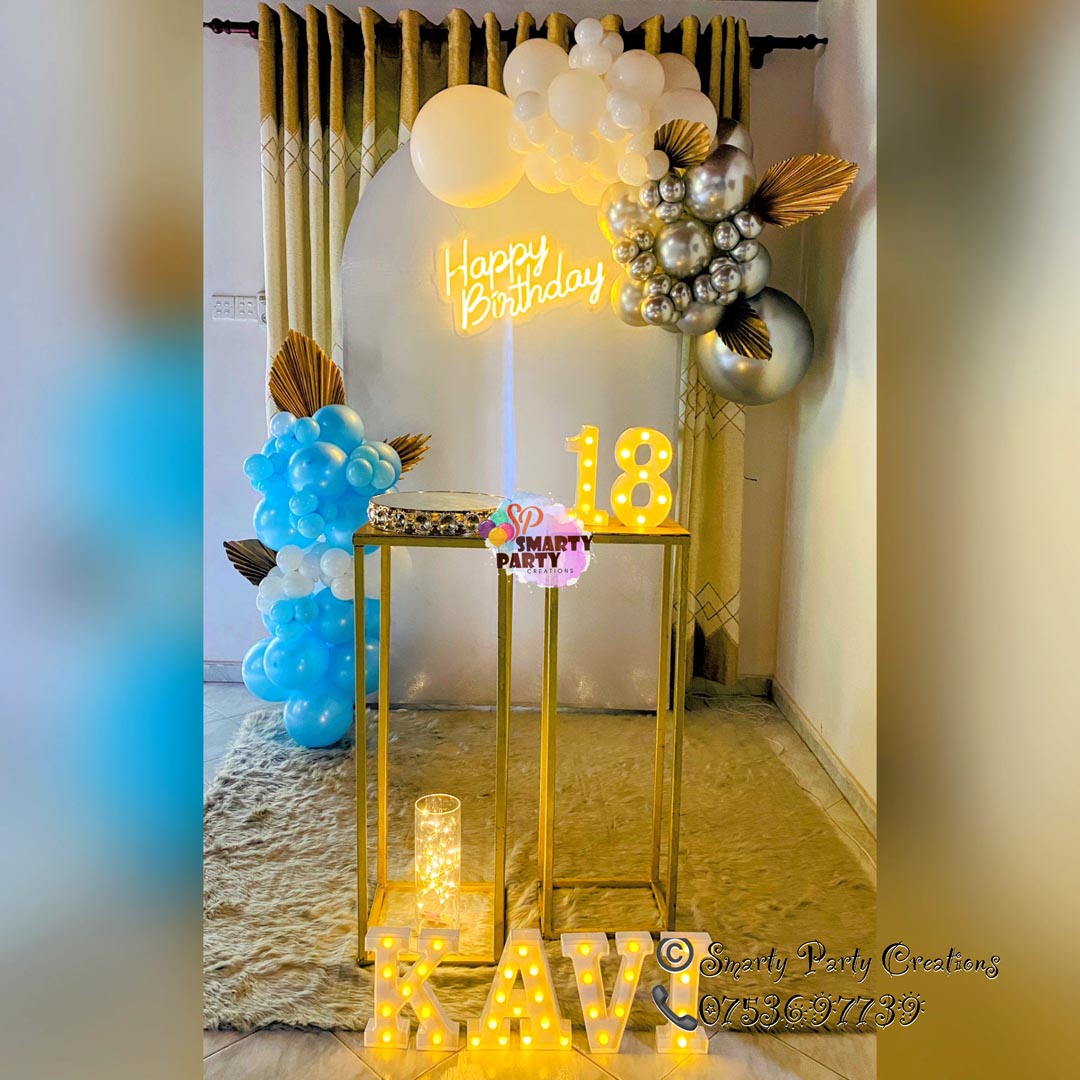 Blue White Silver 18th Birthday 9inch LED HBD Neon palm spears