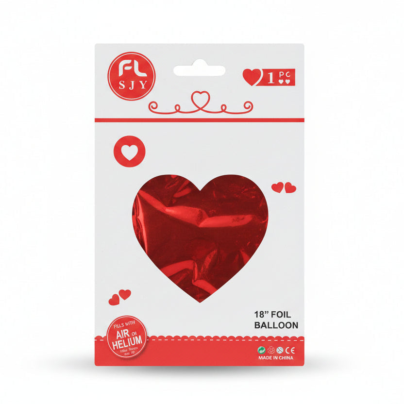 Heart-shaped foil balloon package with FL SJY branding on a beige surface.