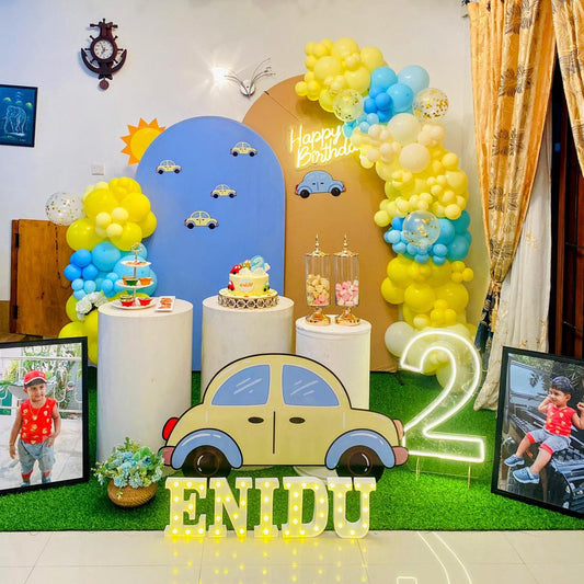 Car Theme 2nd Birthday Yellow Blue 9 inch LED