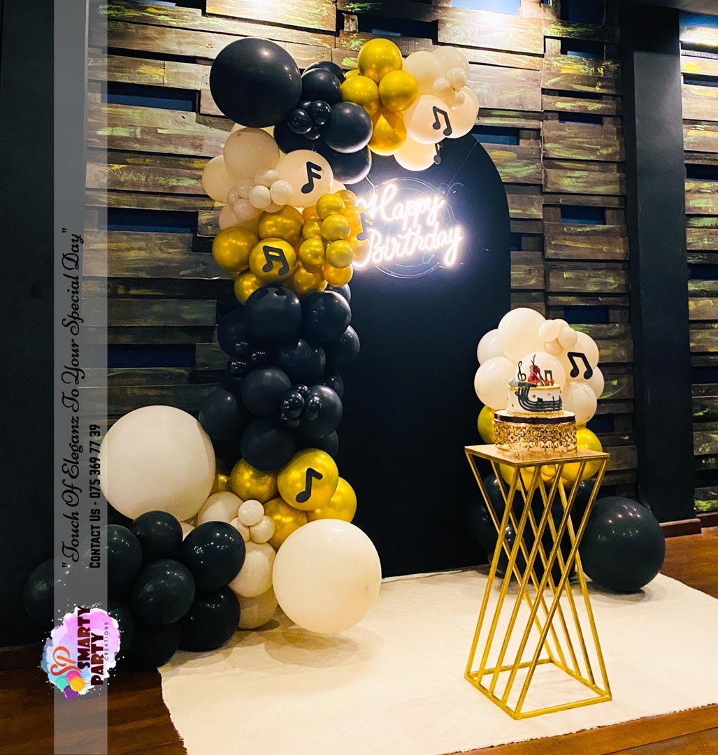 Gold Black white Balloons HBD Neon Arch