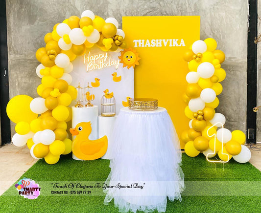 Duck Theme 1st Birthday Yellow White Gold