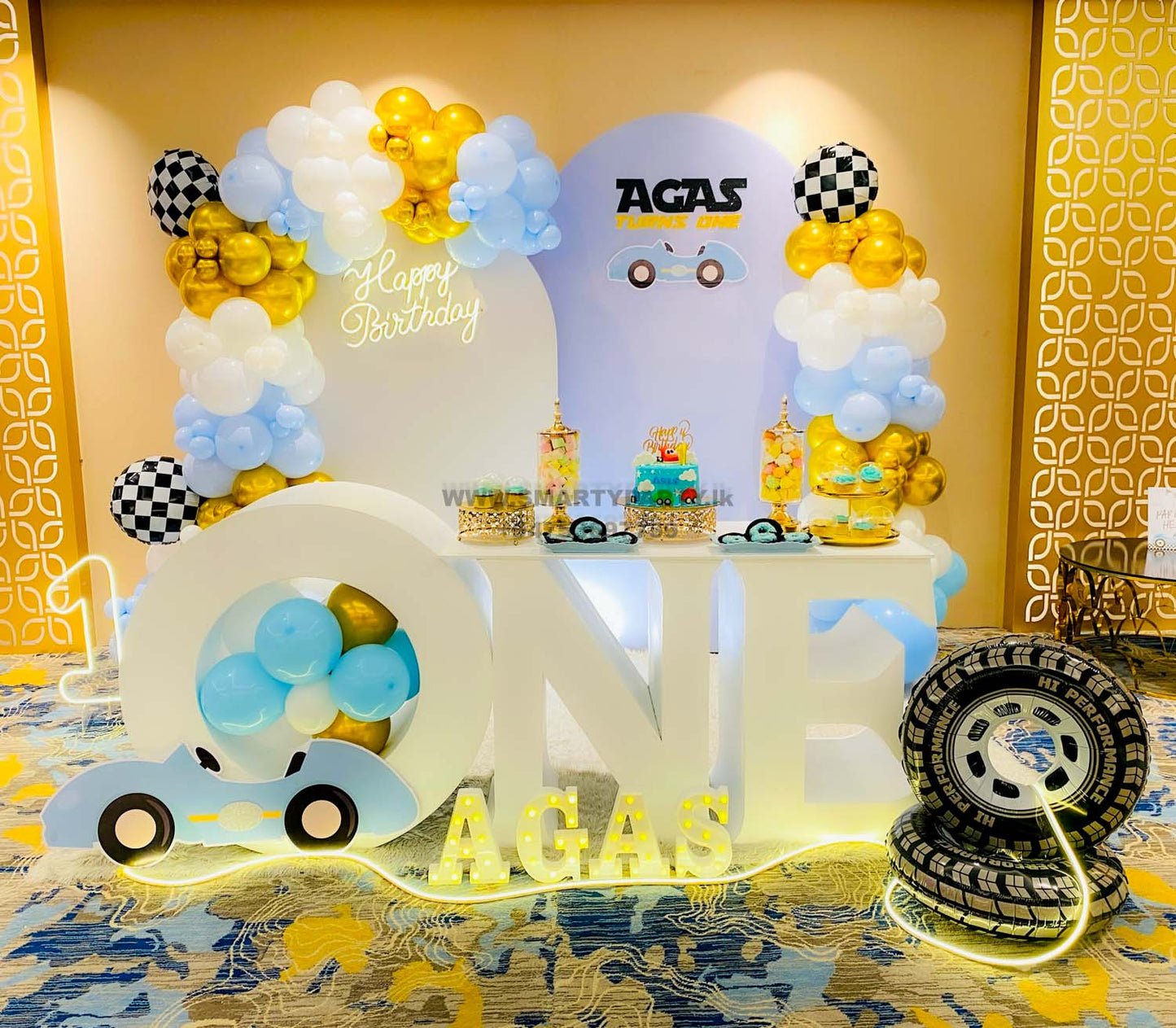 Race Theme Car Blue Gold White 1st Birthday One Table