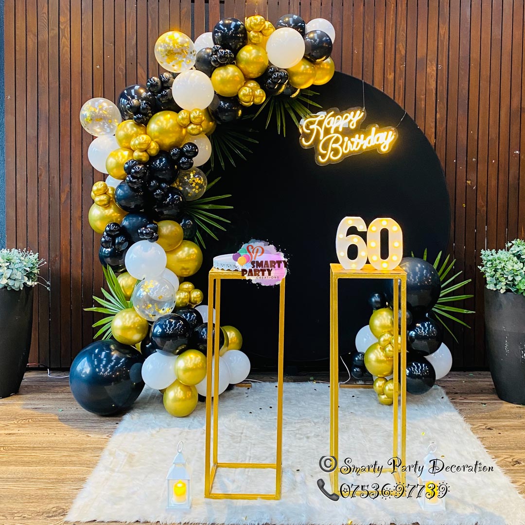 Gold Black White 60th Birthday HBD Neon Ring Backdrop