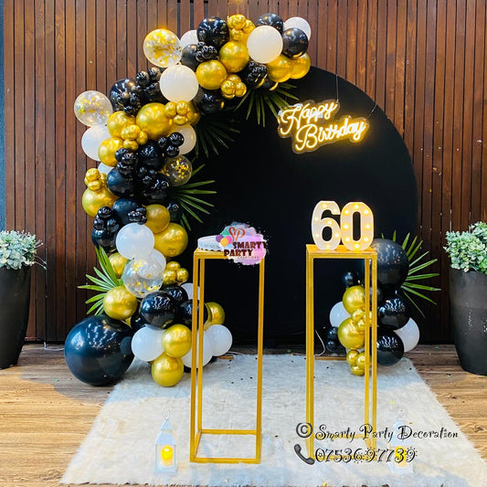 Gold Black White 60th Birthday HBD Neon Ring Backdrop